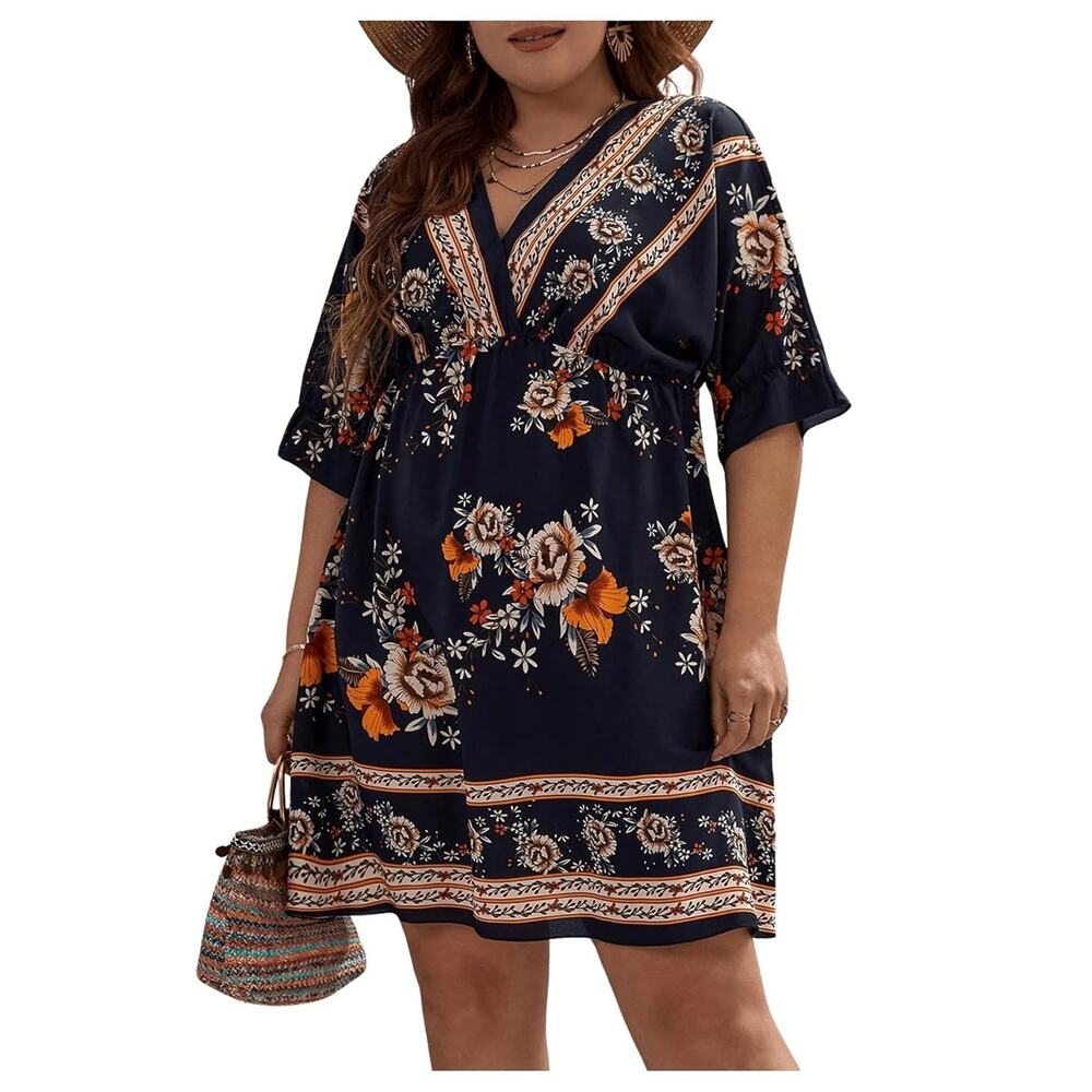 Tropical Sundress Mini Dress Plus Sz 22 5X Navy Floral Beach Boh Vacation V-Neck
